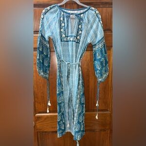 Elegant Blue Patterned Long Sleeve Dress